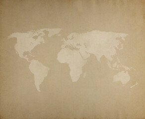 World map on a weathered and aged paper. High resolution full frame textured paper background. Old looking, vintage world map.