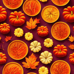 autumn pattern illustration with leaves, soups and pumpkins