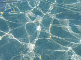 Crystal clear blue water of the Mediterranean Sea on the beach of Fig Tree Bay, white sand is visible at the bottom. Water background.