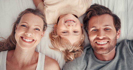 Love, above and portrait of happy family relax on hotel bedroom for holiday vacation, peace and freedom in Canada. Mom, dad and child or kid smile, have fun and enjoy quality bonding time together