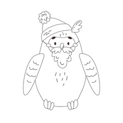 Vector outline winter owl dressed in santa hat and beard. Cute seasonal cartoon character of contour wild bird for christmas party
