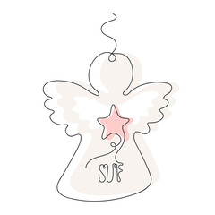 Continuous Line illustration of Merry Christmas Angel. Christmas tree Toy. Continuous one Line drawing. Vector illustration.