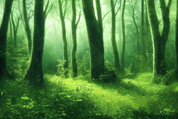 Obraz premium In a dense green forest. Forest land background. Green forest trees. Forest trees view