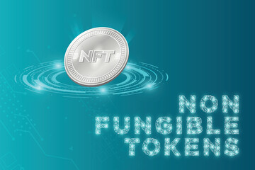 Fototapeta na wymiar Futuristic NFT non-fungible tokens web banner concept with node connected letter and silver NFT coin