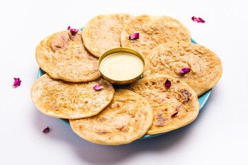 Sweet Khoya roti or Peda chapati paratha made using thickened cream milk or Khoa, khowa, mawa