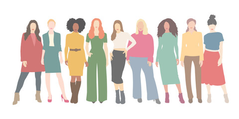 Group of modern women, casual outfit woman silhouette team vectors - obrazy, fototapety, plakaty