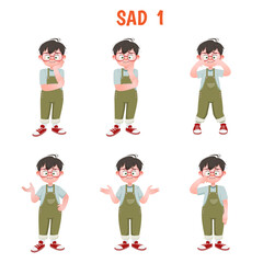 Set of kid boys showing sad expression.Vector illustration.