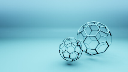 Obraz premium Buckminsterfullerene C60 Molecule models, allotrope of fullerene carbon atoms, blue round spheres with hexagonal rings or mesh, molecular 3D illustration