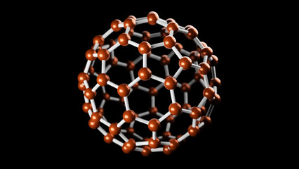 Model of Fullerene Molecule, allotrope of carbon atoms, round sphere with hexagonal rings or mesh, molecular 3D illustration, chemistry or scientific research black background