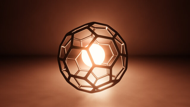 Buckminsterfullerene C60 Molecule model, allotrope of fullerene carbon atoms, round sphere with hexagonal rings or mesh, molecular 3D illustration © MikeCS images