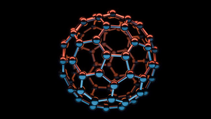 Model of Fullerene Molecule, allotrope of carbon atoms, round sphere with hexagonal rings or mesh, molecular 3D illustration, chemistry or scientific research black background