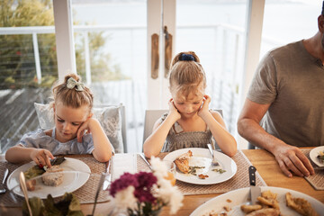 Picky eating kids frustrated with lunch food, fussy at dinner table and struggle in family home with diet. Mad, moody and upset young girl children refuse to eat disgusting, dislike and annoyed meal - obrazy, fototapety, plakaty
