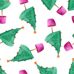 Watercolor Hand Drawn Abstract Cute Christmas tree Seamless Pattern