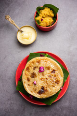 Puran poli, Puran roti, Holige, Obbattu, or Bobbattlu, is Indian sweet flatbread from Maharashtra