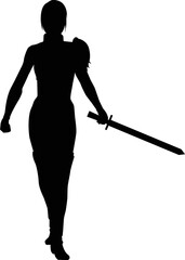 silhouette female warrior holding sword and spear in both hands
