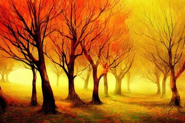 trees with bright colorful leaves deep in the autumn forestoil painting fine art fallen leaves trees park autumn landscape nature