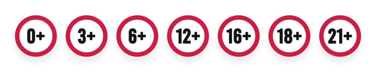 Age limit icons. Age restriction for kids, teenager, adult. 0, 3, 6, 12, 16, 18, 21 year signs for toy. Icons for age-old restrictions of media content, alcoholic drink, food, tobacco product. Vector.