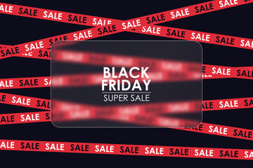 Black friday banner with red crossed ribbons and transparent glass plate with glassmorphism effect. Design for black friday with rectangle glass with text and crossed sale ribbons and stripes. Vector.