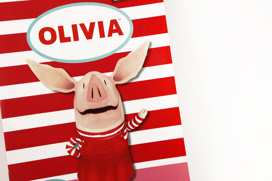Children's magazine cover of the character Olivia the pig. Animation for toddlers and babies. Coloring activity book with stickers for kids. TV series character.