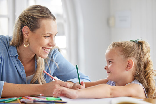 Home school, mother and kid education, creative learning and studying, writing and fun crayon drawing in Australia. Happy mom teaching child development, knowledge and creativity together for growth