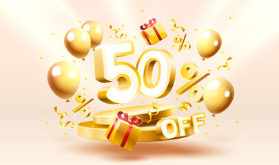 50 Off. Discount creative composition. 3d sale symbol with decorative objects, golden confetti, podium and gift box. Sale banner and poster. Vector