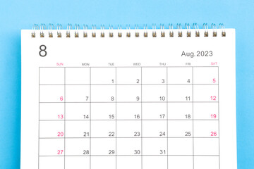 close-up of calendar August month of  2023 on a blue background