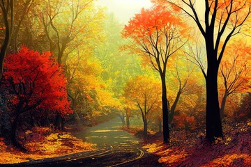 Naklejka na ściany i meble Autumn forest scenery with road of fall leaves warm light illumining the gold foliage Footpath in scene autumn forest nature Vivid october day in colorful forest maple autumn trees road fall way