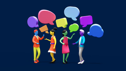 Discussion, conversation or brainstorming for idea, meeting, debate or team communication, opinion concept, business team coworker discussing work in meeting with speech bubbles. 3d render