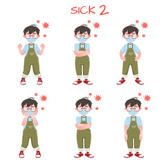 Set of kid boys showing sick expression.Vector illustration.