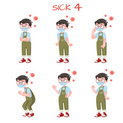 Set of kid boys showing sick expression.Vector illustration.