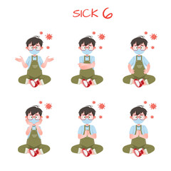 Set of kid boys showing sick expression.Vector illustration.