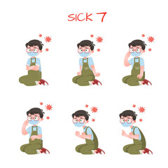 Set of kid boys showing sick expression.Vector illustration.