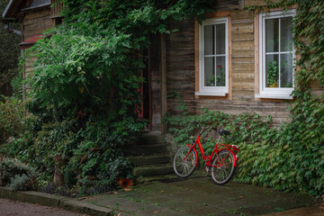 Rower obok porośniętego drewnianego domu
