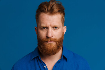 Portrait of adult handsome stylish redhead bearded serious man