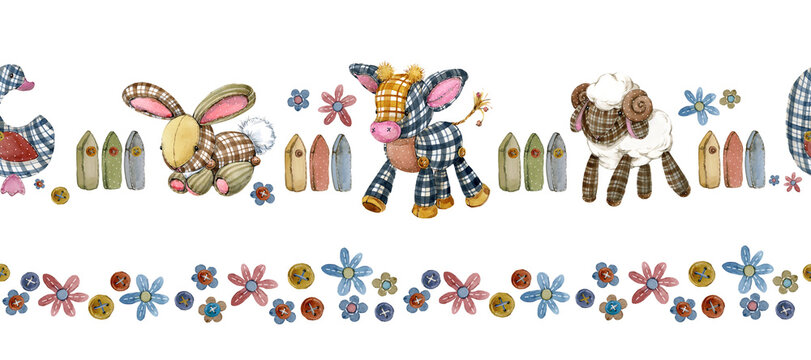 cartoon farm animal seamless pattern. domestic animals watercolor. Patchwork style. Childish cute background