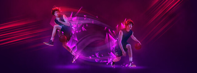 Sport poster with young professional basketball players in motion with basketball ball over dark background with neon polygonal elements. Concept of sport, enegry