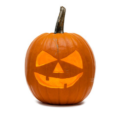 Halloween banner template - Spooky scary carved glowing orange pumpkins, isolated on white background square, jack-o-lantern