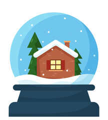 Christmas snow globe with a house inside. Snow globe sphere.
