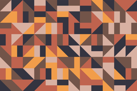 Abstract geometric mosaic seamless pattern with triangle shapes. Black, brown, orange and yellow tracery tileable background design