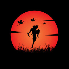 Obraz premium Ninja, Assassin, Samurai training at night on a full moon