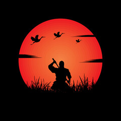 Obraz premium Ninja, Assassin, Samurai training at night on a full moon