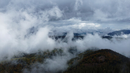 Panorama of forest covered by low clouds. Autumn rain and fog on the mountain hills. Misty fall woodland.