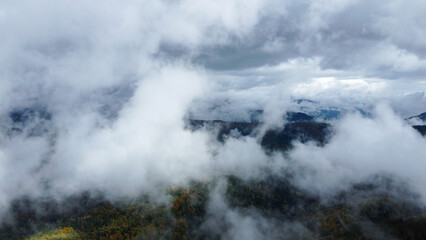 Panorama of forest covered by low clouds. Autumn rain and fog on the mountain hills. Misty fall woodland.