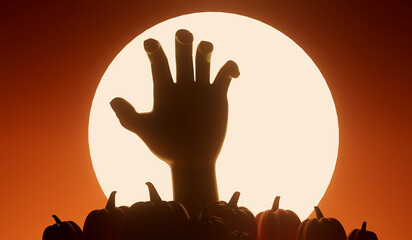 Silhouette of an undead zombie hand reaching out with a bright moon behind. 3D Rendering