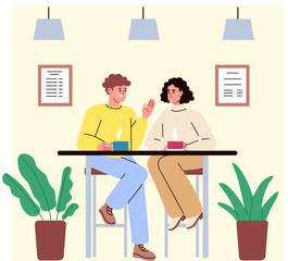 Man and woman on a date in the café, drinking coffee. Romantic meeting, chat.  Lunch together. Girlfriend and boyfriend