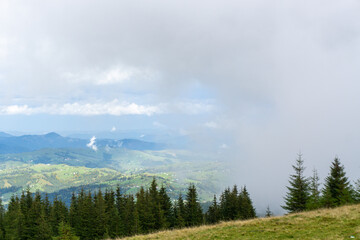 Panorama of forest covered by low clouds. Autumn rain and fog on the mountain hills. Misty fall woodland.