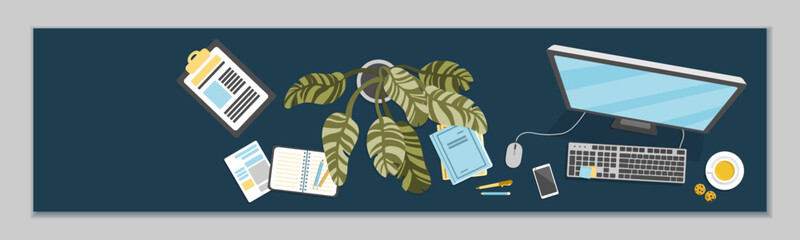Remote Work social media banner. Freelancer Working Distant on Pc from Home linkedin cover, Self-employed Occupation header. Cartoon Flat Vector Illustration