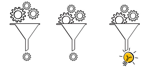 Cartoon funnel withe brain electric lamp idea and cogwheels chaos. lightbulb, cog symbol or logo. funnels symbol. Think, chaos to brilliant ideas. Light bulb and gear mechanism settings tools.