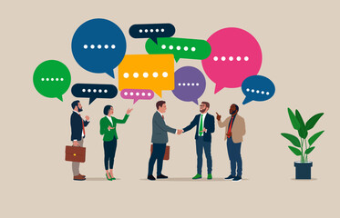 Business team coworker discussing work in meeting with speech bubbles. Discussion, conversation, meeting, team communication, colleague chatting, opinion. Flat vector illustration. - obrazy, fototapety, plakaty