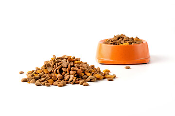 Food for cats and dogs in a bowl on a white background.